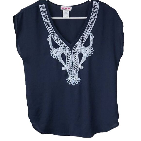 Trixxi Three Pink Hearts Navy Blue Embroidered Dolman Chiffon V-neck Blouse XS - Picture 1 of 8